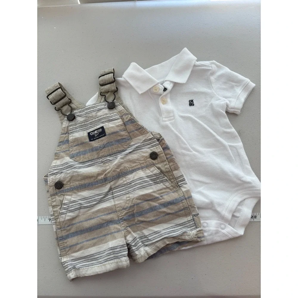 OshKosh Bgosh Baby Boy 6M Striped Overalls and Polo Bodysuit 2pc Set Tan Blue